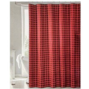 Christmas Fabric Shower Curtain 13 Piece Set Buffalo Plaid Check Red Black NEW